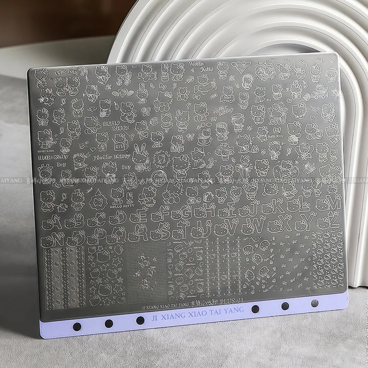 大钢板美甲印花钢板Kt猫心心相印格纹系图案有刮板背板【19*15.5】