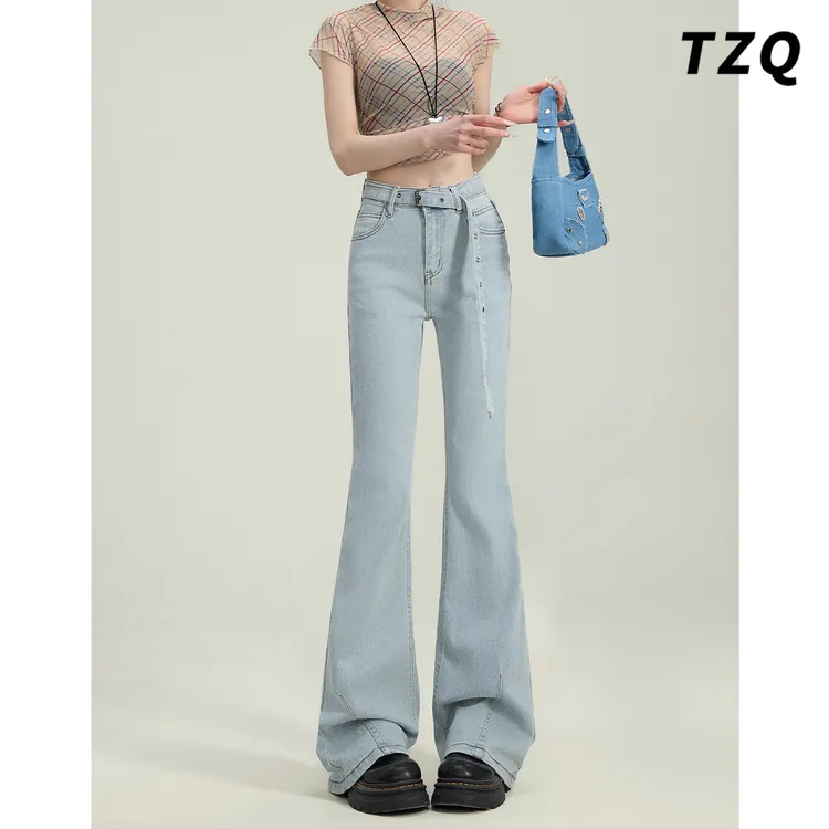 弹力修身牛仔裤女2025新款显瘦配腰带拖地马蹄喇叭裤子TZQ2522413