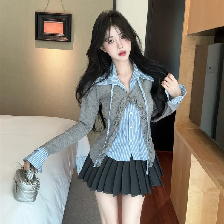 韩系甜辣学院风jk制服套装纯欲辣妹格子拼接假两件蓝色衬衫百褶裙