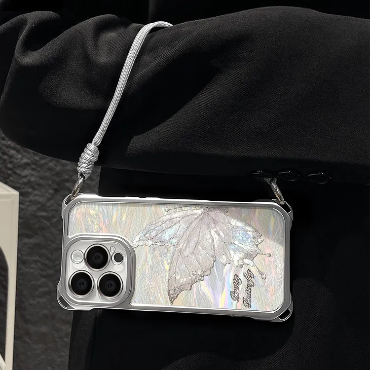 适用流光蝴蝶于苹果16四角挂绳手机壳华为OPPO小米VIVO高级感时尚