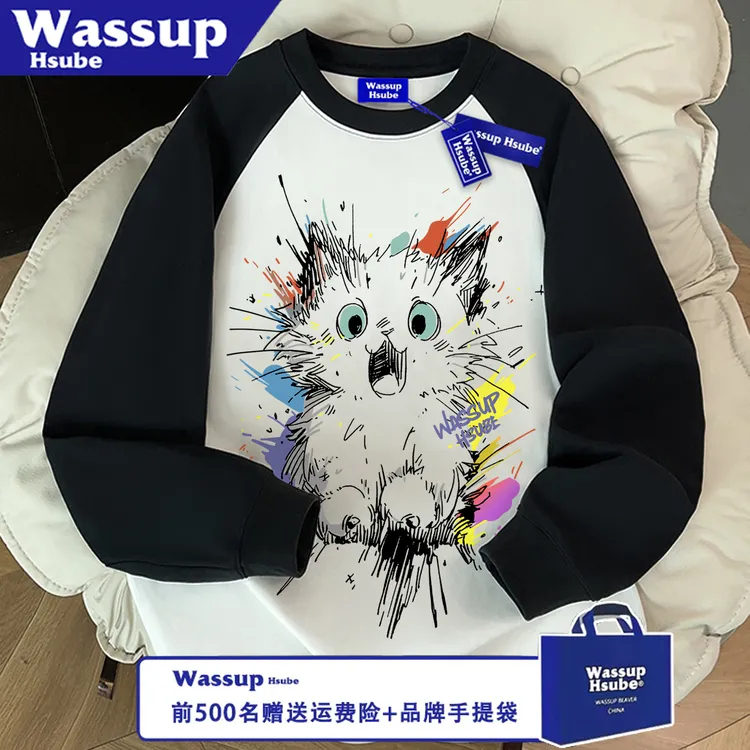 WASSUP HSUBE百搭休闲圆领潮流印花秋冬宽松喷涂猫咪长袖情侣上衣