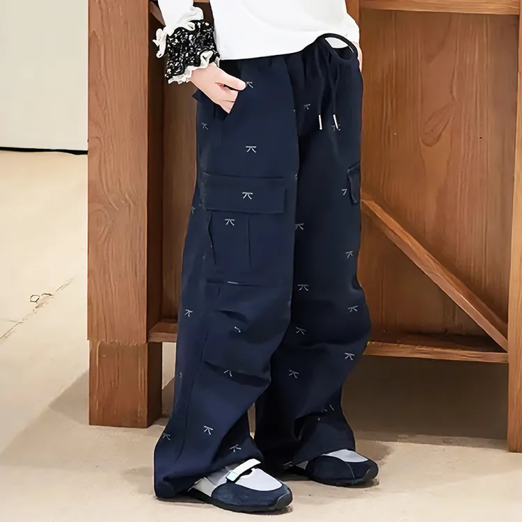 女童蝴蝶结工装裤春秋2025新款儿童休闲裤子韩版中大童阔腿裤洋气
