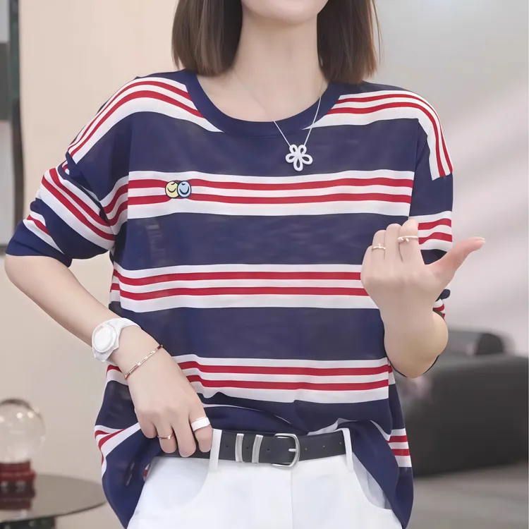 撞色条纹冰丝防晒针织t恤女夏季2025年新款韩系显瘦薄款罩衫上衣