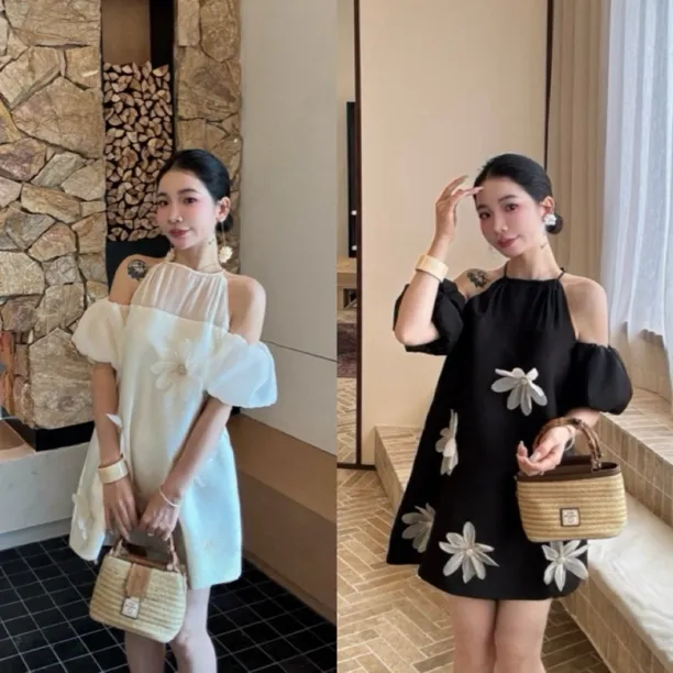 【柔嘉Yoga】减龄娃娃裙夏季新款法式露肩立体花朵宽松A黑色连衣裙