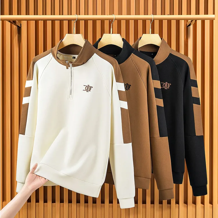 那因波勒男士长袖Polo衫时尚撞色拼接秋冬休闲立领半拉链时尚卫衣