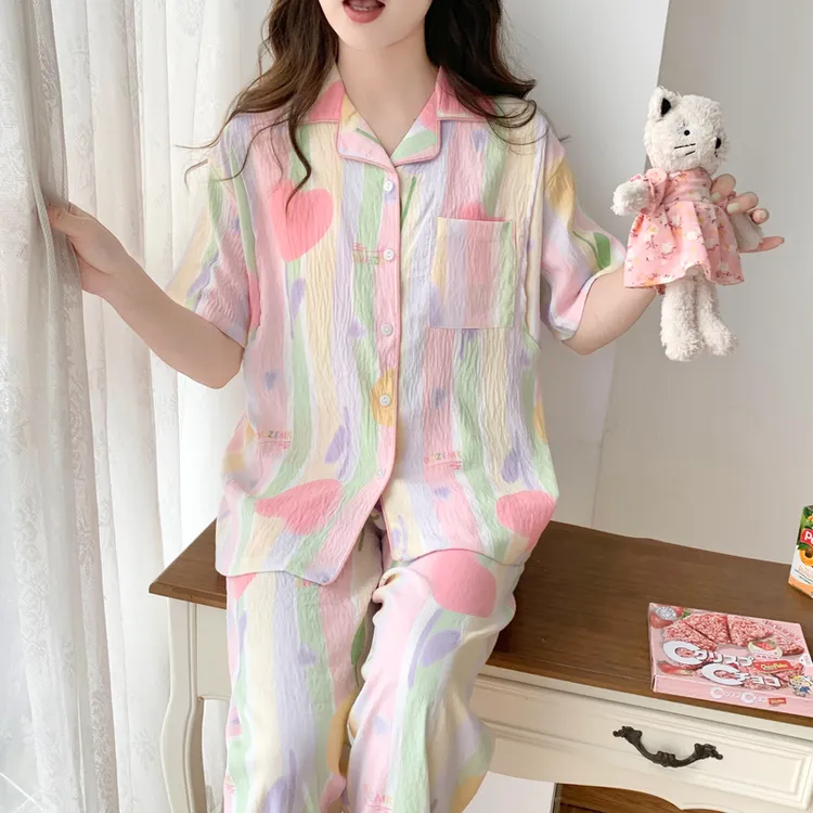 可拆卸胸垫哺乳睡衣夏季薄款孕妇喂奶短袖长裤月子服女夏天怀孕期