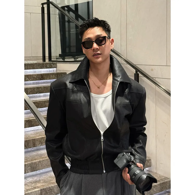 宋春江同款 复古翻领短款皮衣夹克拼接设计高级感宽松版型外套
