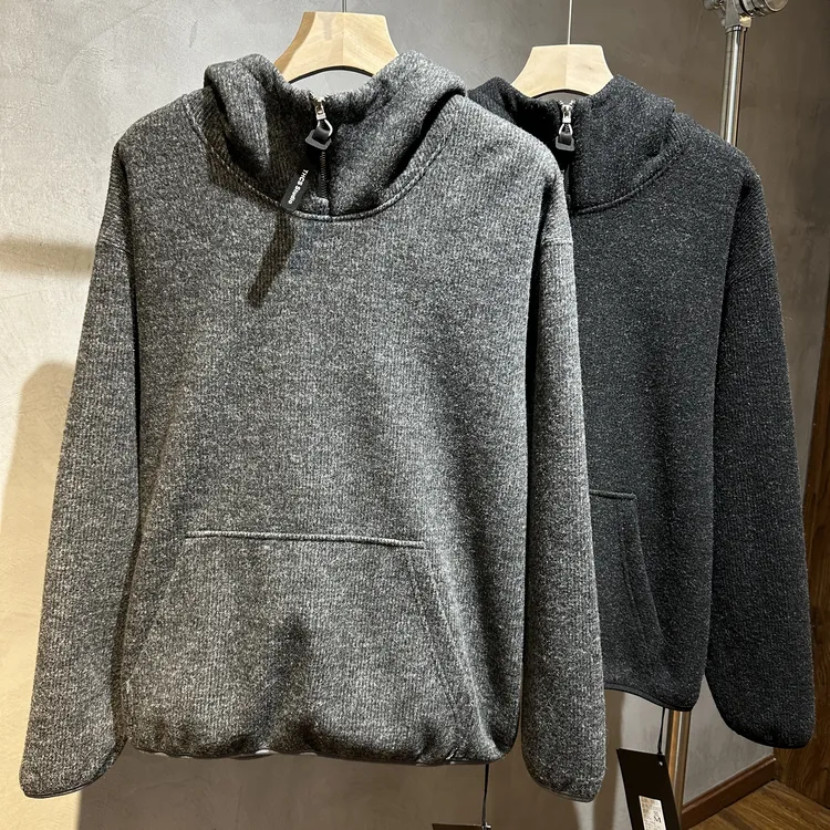 （楠悦）冬季新款加绒加厚连帽卫衣针织宽松休闲中性风潮半拉链保暖