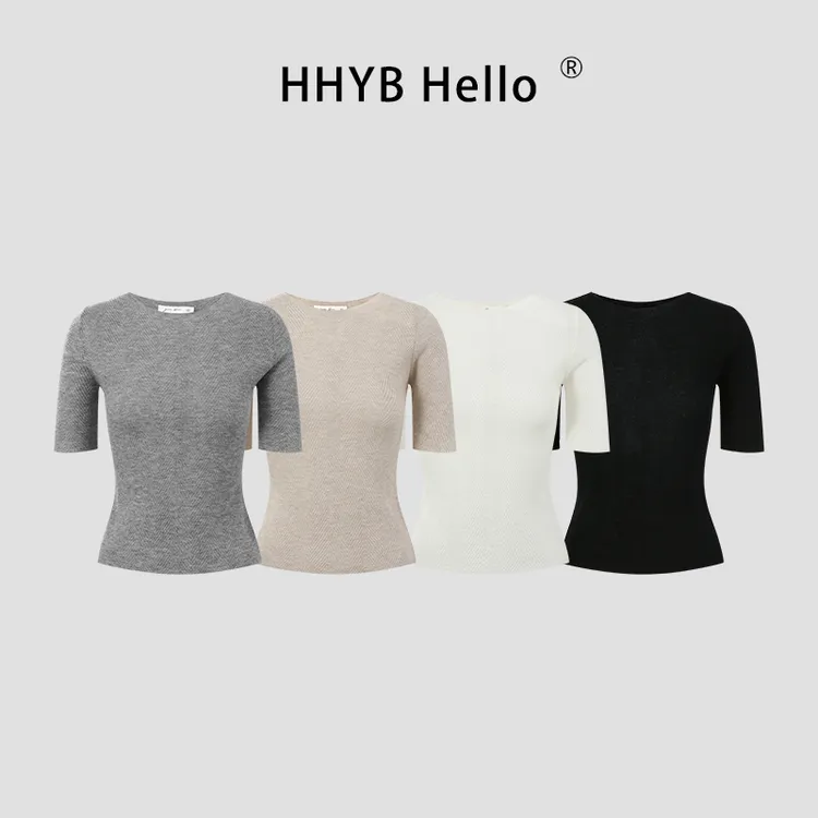 HHYB Hello韩系圆领五分袖修身T恤女2025新款正肩短袖上衣M1184