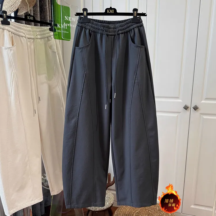 加绒加厚秋冬高级感今年流行解构风绗线抽绳松紧腰休闲裤女弯刀裤