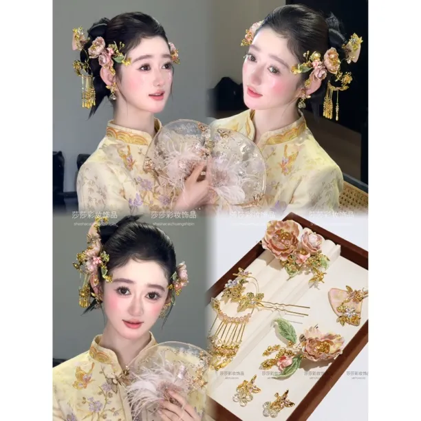 钨合金婚庆饰品 720322金绯棠汐 新中式幻彩布艺海棠全套头饰