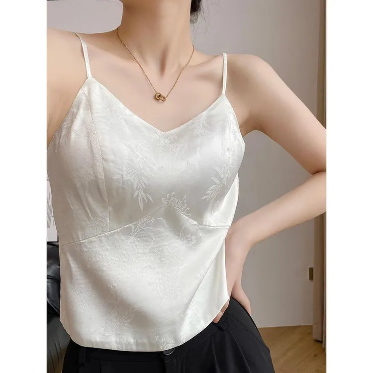新款夏季女款提花带胸垫新中式国风吊带上衣小背心女内搭白色内穿