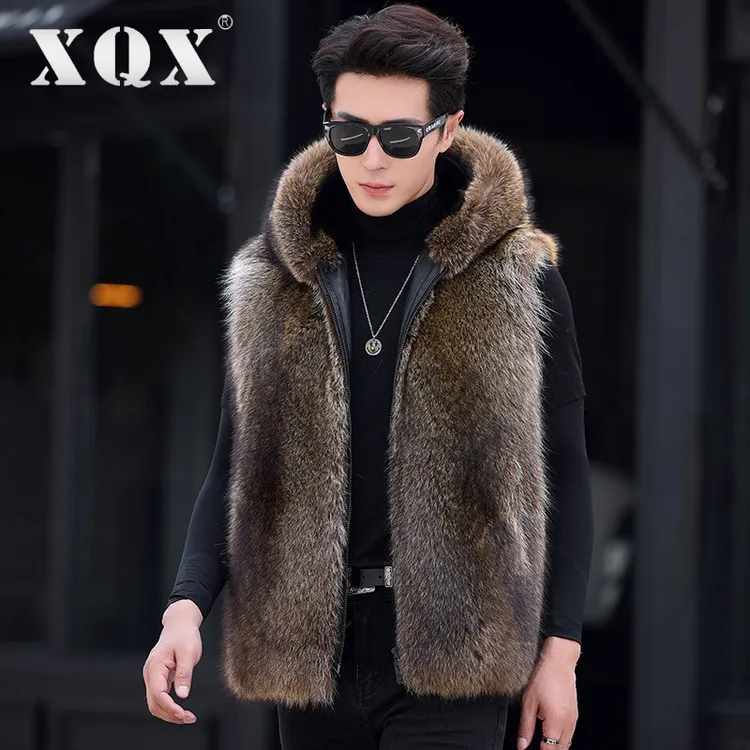 美洲貉子毛背心海宁皮草外套坎肩连帽马甲男士真皮皮毛一体保暖厚