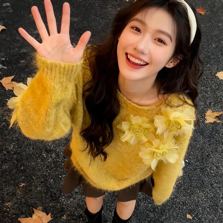 温柔气质针织衫绝美法式立体花朵套头毛衣女秋冬大码胖妹妹高级感