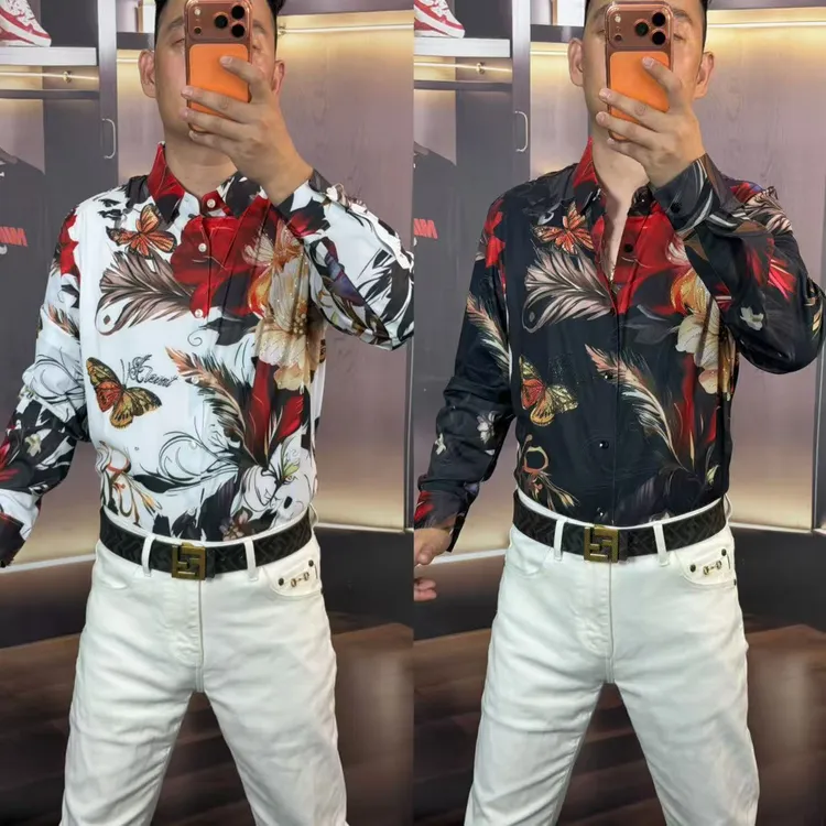 FLD男秋季新款高品质欧货桑蚕丝无缝弹力蝴蝶花卉时尚长袖衬衫
