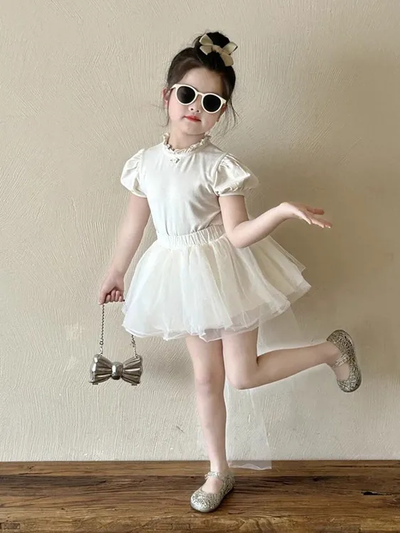 韩版女童2025夏季新款甜美杏色木耳边泡泡袖上衣女孩网纱飘带半裙