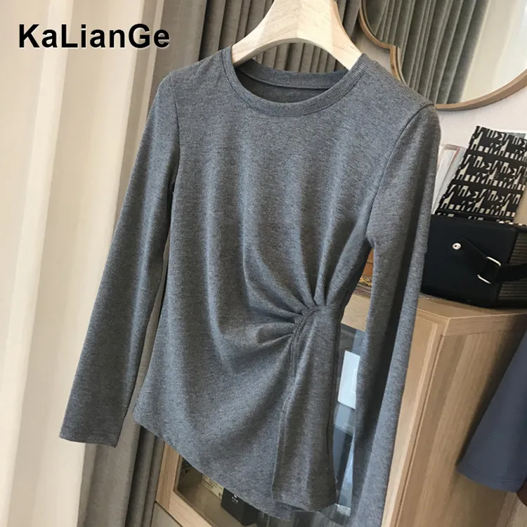 卡莲格/不规则褶皱开叉长袖T恤女秋季新款修身显瘦内搭打底衫上衣