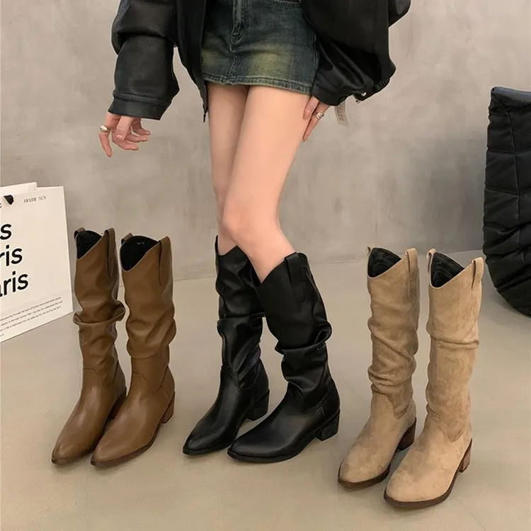 棕色V口堆堆靴女春秋新款复古尖头西部牛仔靴粗跟不过膝长筒靴女