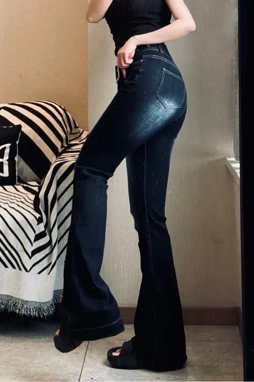 超模裤深蓝色低腰修身微喇叭牛仔裤女秋冬高个子显瘦加长拖地裤子