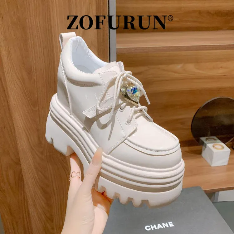 ZOFURUN 小个子内女鞋12cm超高跟真皮单鞋厚底松糕鞋女休闲小皮鞋