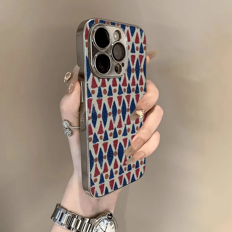 复古几何适用苹果16pro手机壳电镀小羊皮网红男女款ins奢华高级感