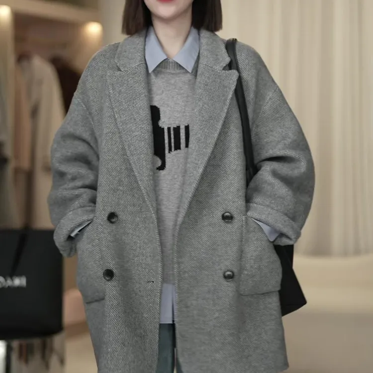 [TONFUNLY]浅灰款短款大衣新款时尚戗驳领毛呢外套大衣