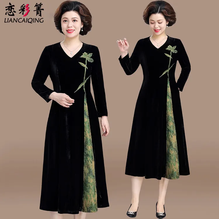 妈妈秋装洋气中年金丝绒喜婆婆婚宴装中老年女装春秋平时可穿裙子