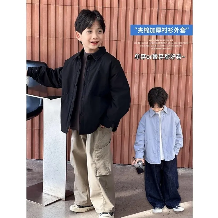 儿童棉服男童夹棉加厚外套秋冬装2025冬季新款男孩洋气衬衫棉衣潮