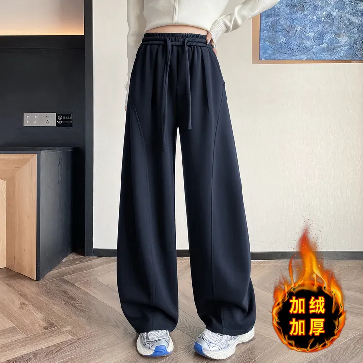 秋冬新款加绒加厚宽松运动裤女休闲直筒拖地裤复古拼接弯刀裤百搭