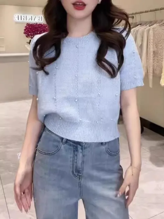 法式高级感纯色圆领短款上衣2026秋冬钉珠大码针织短袖t恤女H5-79