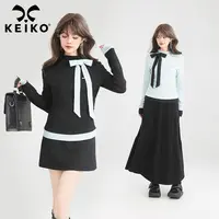 KEIKO [可拆蝴蝶结] 肌理感拼色上衣25早春弹力修身半高领打底衫