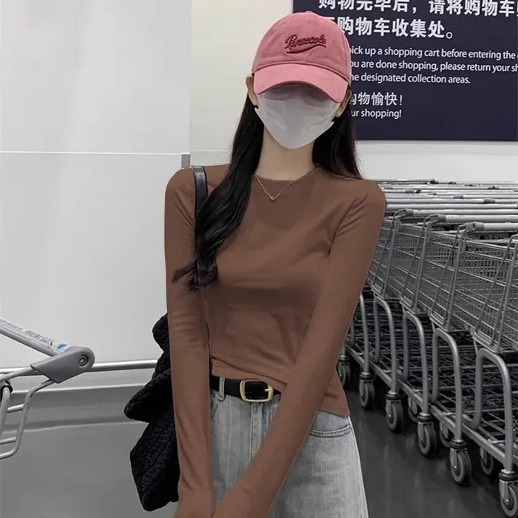 正肩长袖t恤女秋冬圆领新款甜辣收腰显瘦chic风打底衫超好看上衣