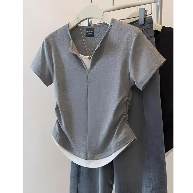 9078#假两件正肩短袖t恤女2025新款夏掐腰设计感洋气独特别致上衣