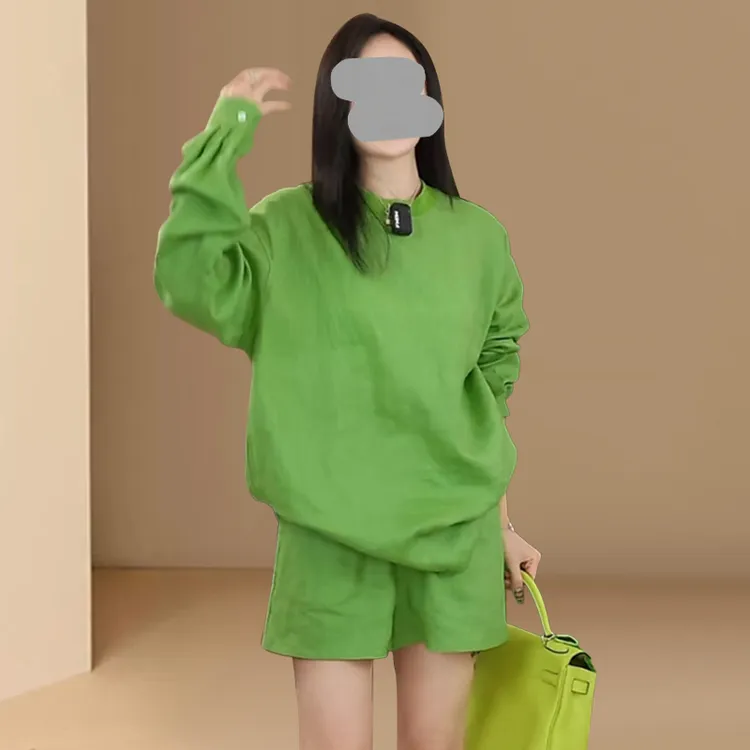 休闲时尚套装女夏季新款大码宽松百搭长袖t恤高腰显瘦短裤两件套