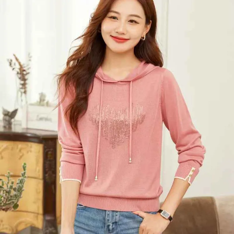 品牌莱赛尔天丝针织衫女2025春秋长袖连帽毛衫百搭休闲打底衫上衣