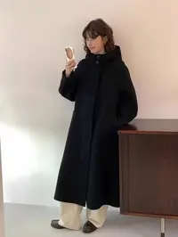 韩国东大门Egg新款时尚连帽长款羊毛大衣外套