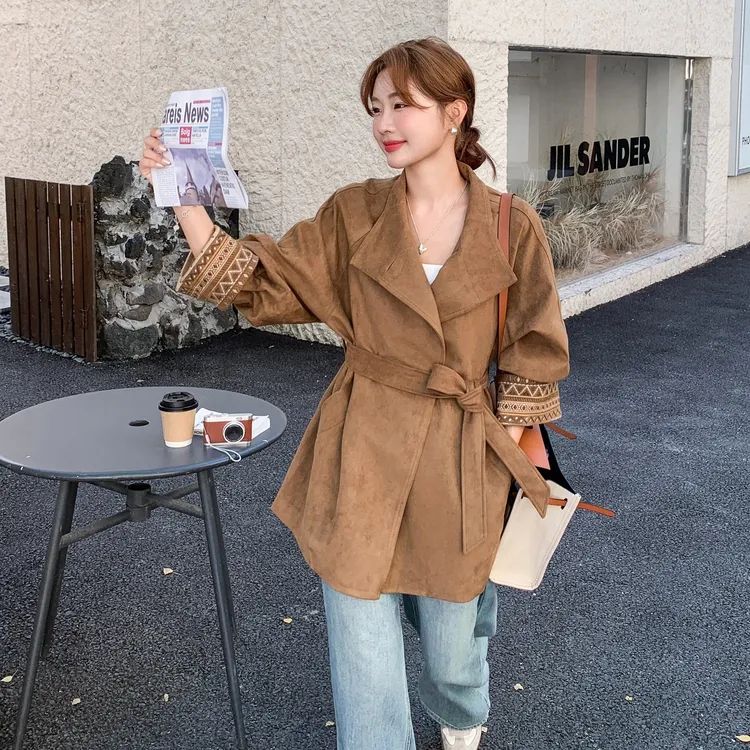 美拉德棕色民族风印花风衣外套女2025秋季新款独特气质设计感大衣