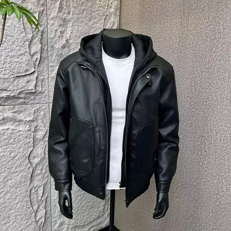 2025新款防风冬季连帽免烫修身型皮衣休闲短款潮流加绒夹克外套