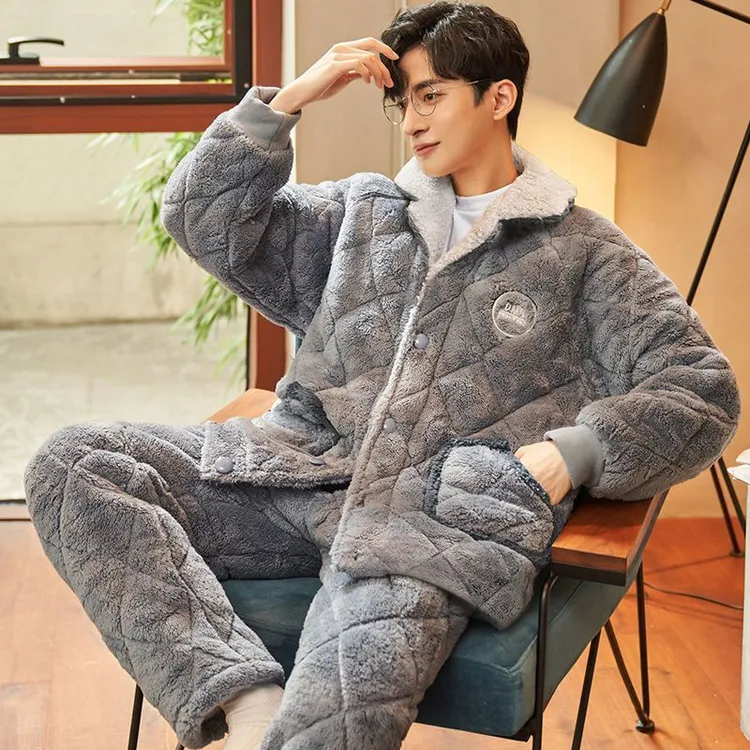 男士秋冬三层夹棉加厚加绒珊瑚绒可外穿保暖家居服睡衣（版型偏小）