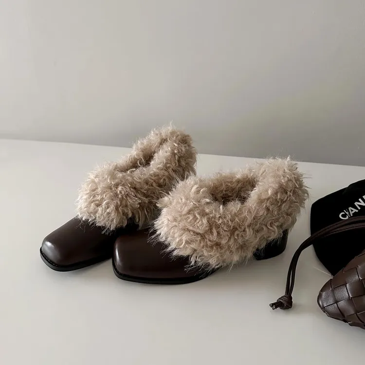 牛皮版~方头毛毛鞋一脚蹬覆古加绒保暖玛丽珍小皮鞋棉鞋粗跟单鞋