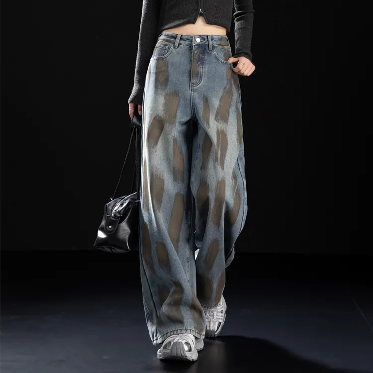 设计感加绒牛仔裤女2025秋冬女新款加厚裤子高街阔腿裤脏染直筒裤