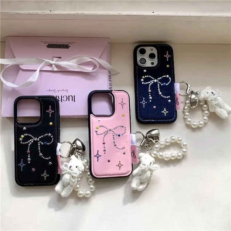 牛仔布刺绣彩钻蝴蝶结适用iphone16promax手机壳15苹果14新款13女