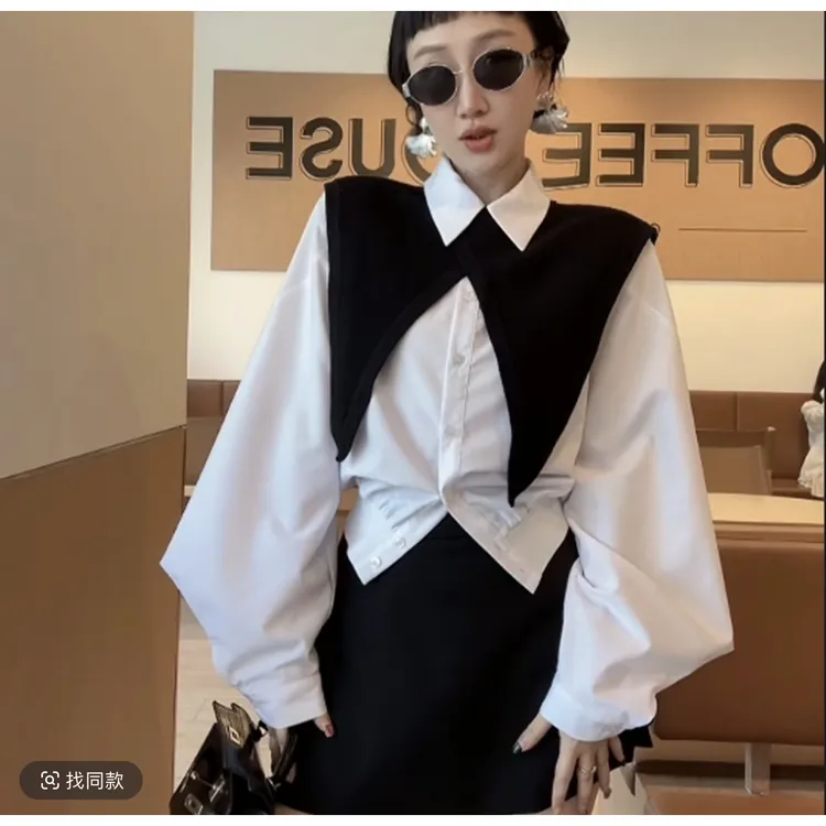 法式POLO领羊腿袖秋极简风小众设计感衬衫两件套+裤裙