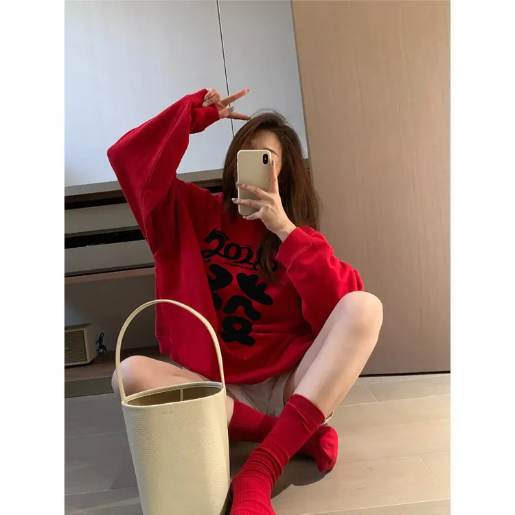 2026新款“发”字印花大红色圆领卫衣女加绒加厚秋冬季宽松大码上衣