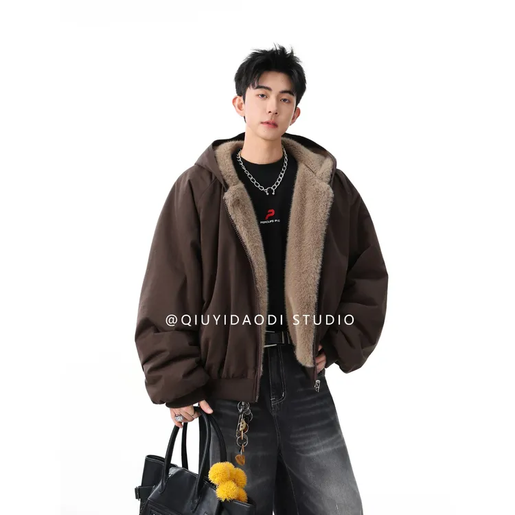 QIUYIDAODI秋季新款重磅帆布水洗貂毛情侣座山雕百搭棉服夹克上衣