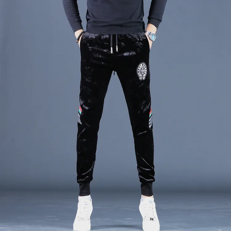 2025新款高端男士休闲裤潮牌印花金丝绒潮流男裤修身刺绣裤子男秋