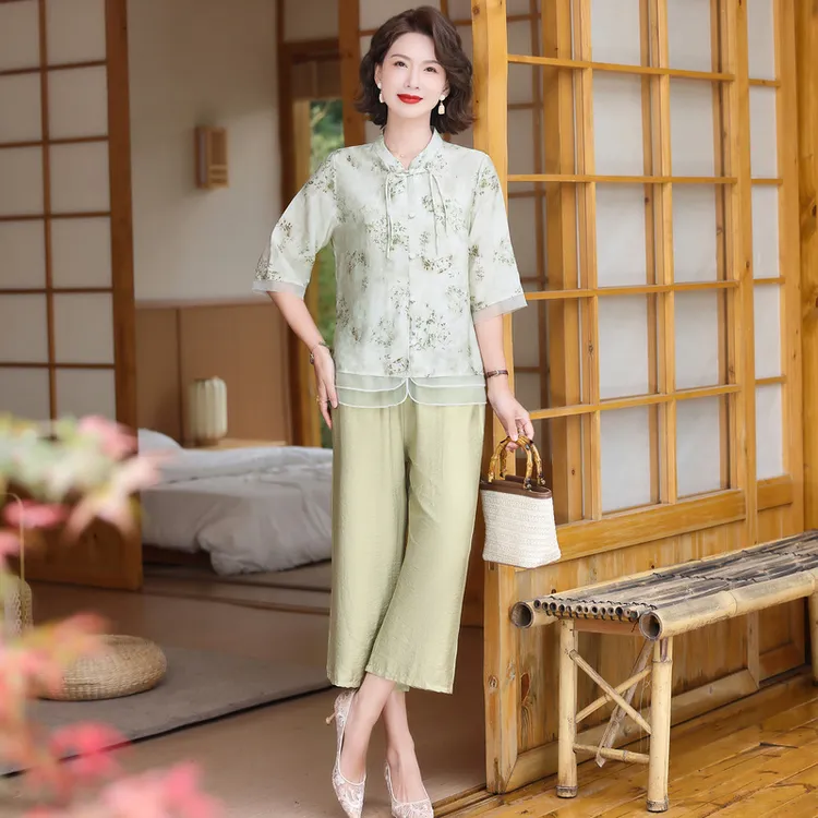 中老年女装衬衣亲肤直筒裤套装夏季新中式衬衫大码妈妈装两件套