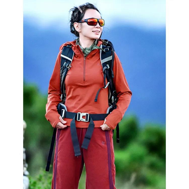 北京森林户外原创连帽运动登山吸汗透气高弹速干衣长袖打底T恤女