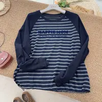 【萍姐推荐】秋季新款时尚休闲长袖圆领印花拼接女秋季字母条纹卫衣