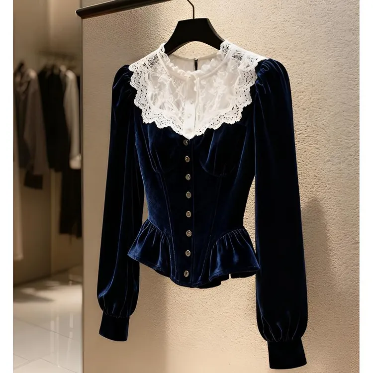 衬衫女高级感轻奢减龄洋气小香风设计感收腰蕾丝拼接深蓝色上衣冬